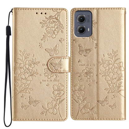 For Motorola Edge 2024 Butterflies and Flowers Leather Phone Case(Gold) - Motorola Cases by buy2fix | Online Shopping UK | buy2fix