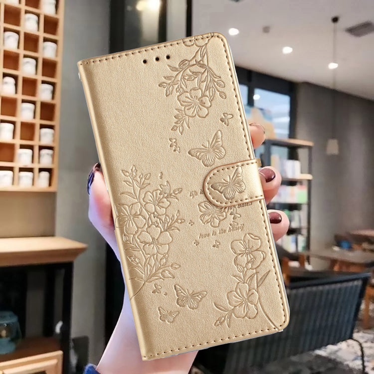 For Motorola Edge 2024 Butterflies and Flowers Leather Phone Case(Gold) - Motorola Cases by buy2fix | Online Shopping UK | buy2fix