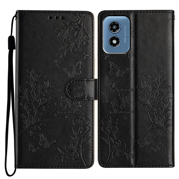 For Motorola Moto G Play 2024 Butterflies and Flowers Leather Phone Case(Black) - Motorola Cases by buy2fix | Online Shopping UK | buy2fix