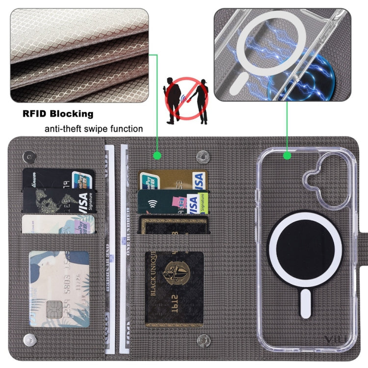 For iPhone 16 ViLi GHA-C Series RFID MagSafe Magnetic Flip Leather Phone Case(Grey) - iPhone 16 Cases by ViLi | Online Shopping UK | buy2fix