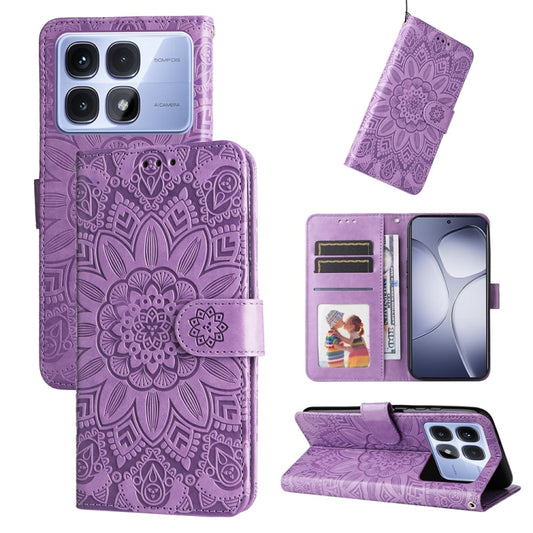 For Redmi K70 Ultra Embossed Sunflower Leather Phone Case(Purple) - Xiaomi Cases by buy2fix | Online Shopping UK | buy2fix