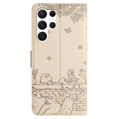 For Samsung Galaxy S25 Ultra 5G Cat Embossing Pattern Leather Phone Case with Lanyard(Beige) - Galaxy S25 Ultra 5G Cases by buy2fix | Online Shopping UK | buy2fix