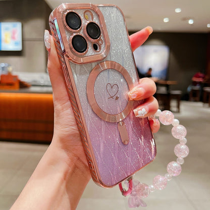 For iPhone 15 Pro Loves Leaves Gradient Glitter Bracelets Carbon Fiber Magsafe TPU Phone Case(Pink) - iPhone 15 Pro Cases by buy2fix | Online Shopping UK | buy2fix