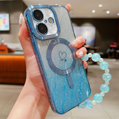 For iPhone 16 Plus Loves Leaves Gradient Glitter Bracelets Carbon Fiber Magsafe TPU Phone Case(Blue) - iPhone 16 Plus Cases by buy2fix | Online Shopping UK | buy2fix