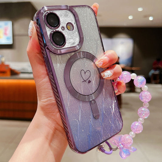 For iPhone 16 Plus Loves Leaves Gradient Glitter Bracelets Carbon Fiber Magsafe TPU Phone Case(Purple) - iPhone 16 Plus Cases by buy2fix | Online Shopping UK | buy2fix