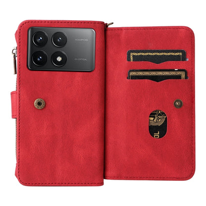 For Xiaomi Poco F6 Pro Skin Feel Multi Card Slots Zipper Wallet Leather Phone Case(Red) - Xiaomi Cases by buy2fix | Online Shopping UK | buy2fix