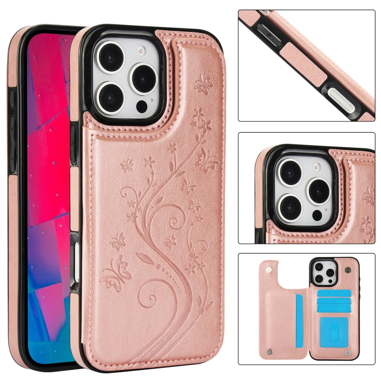 For iPhone 16 Pro Max Double Buckle Butterfly Embossing PU Phone Case(Rose Gold) - iPhone 16 Pro Max Cases by buy2fix | Online Shopping UK | buy2fix