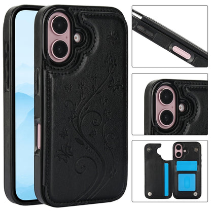 For iPhone 16 Plus Double Buckle Butterfly Embossing PU Phone Case(Black) - iPhone 16 Plus Cases by buy2fix | Online Shopping UK | buy2fix