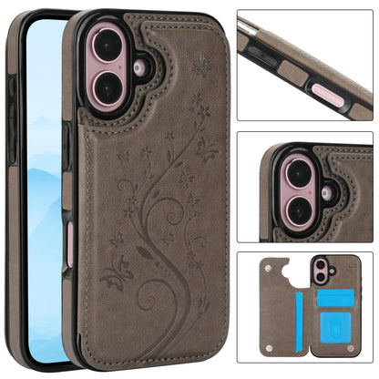 For iPhone 16 Plus Double Buckle Butterfly Embossing PU Phone Case(Grey) - iPhone 16 Plus Cases by buy2fix | Online Shopping UK | buy2fix