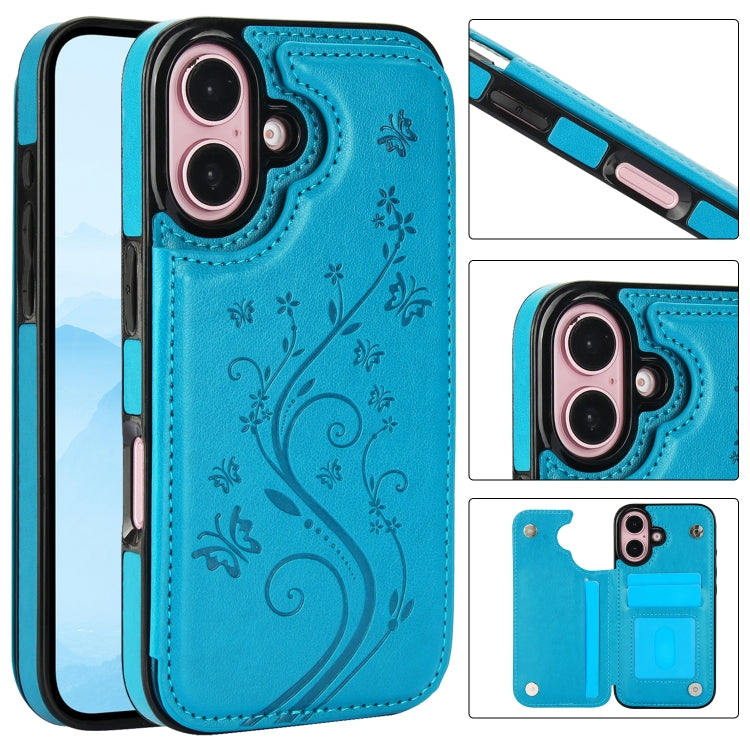 For iPhone 16 Double Buckle Butterfly Embossing PU Phone Case(Blue) - iPhone 16 Cases by buy2fix | Online Shopping UK | buy2fix