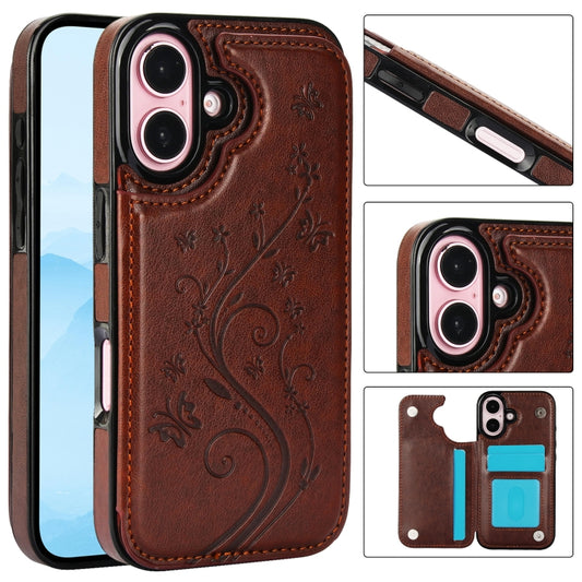 For iPhone 16 Double Buckle Butterfly Embossing PU Phone Case(Brown) - iPhone 16 Cases by buy2fix | Online Shopping UK | buy2fix