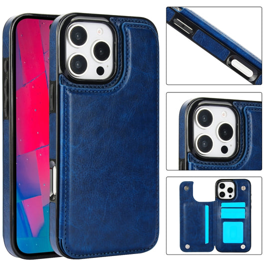 For iPhone 16 Pro Double Buckle Crazy Horse Texture PU Phone Case(Blue) - iPhone 16 Pro Cases by buy2fix | Online Shopping UK | buy2fix