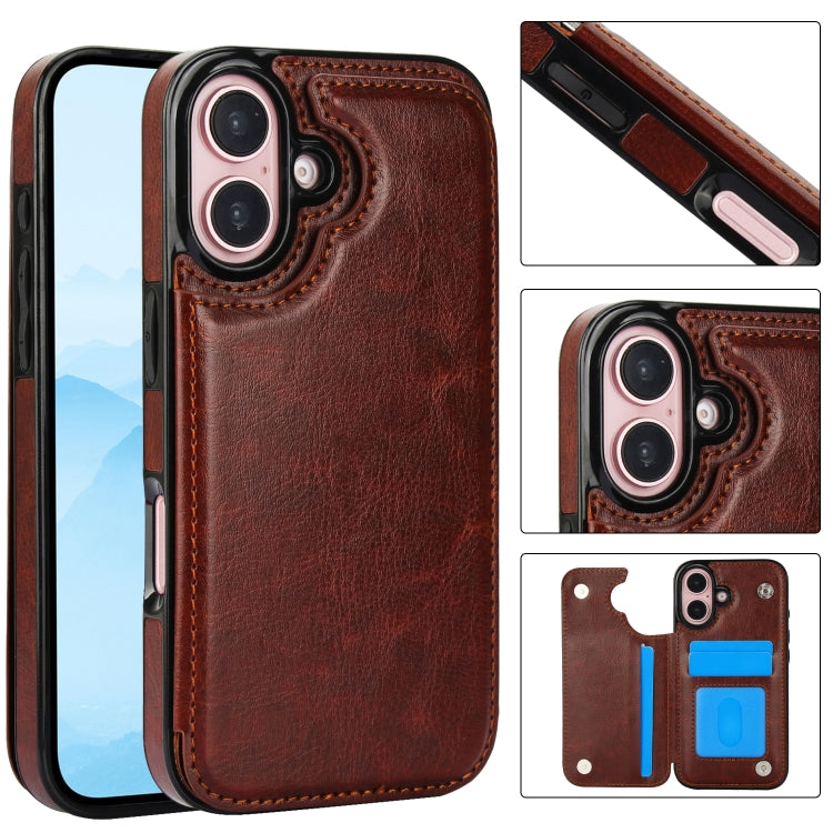 For iPhone 16 Double Buckle Crazy Horse Texture PU Phone Case(Brown) - iPhone 16 Cases by buy2fix | Online Shopping UK | buy2fix