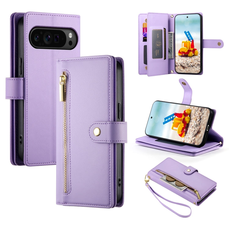 For Google Pixel 9 Pro XL Nine Card-slot Zipper Wallet Bag Leather Phone Case(Purple) - Google Cases by buy2fix | Online Shopping UK | buy2fix