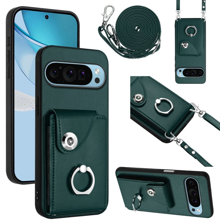 For Google Pixel 9 Pro XL Organ Card Bag Ring Holder Phone Case with Long Lanyard(Green) - Google Cases by buy2fix | Online Shopping UK | buy2fix