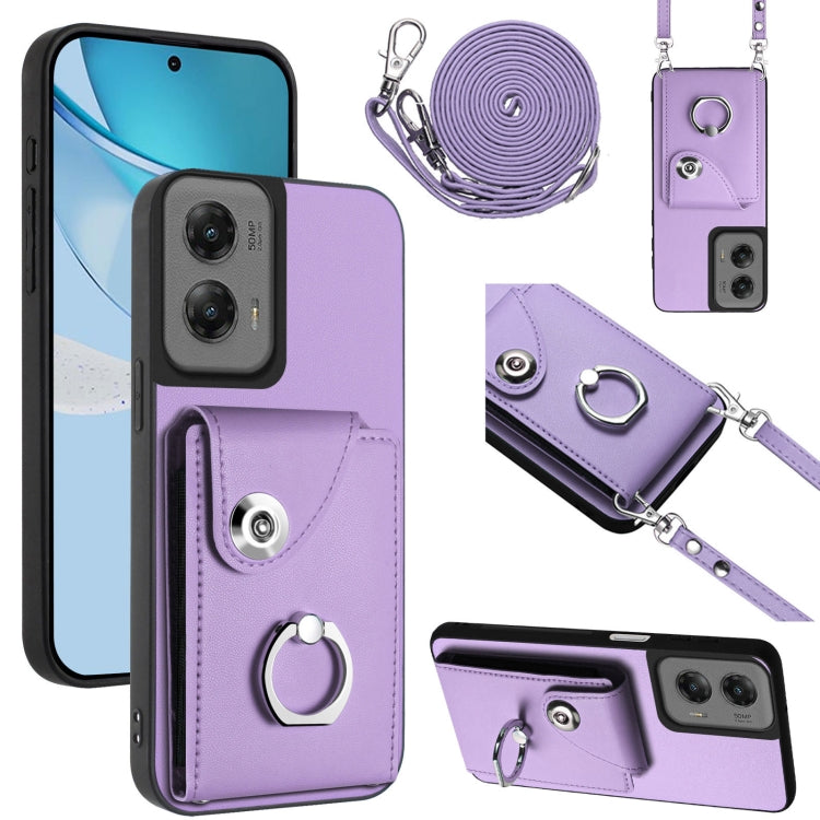 For Motorola Moto G Stylus 5G 2024 Organ Card Bag Ring Holder Phone Case with Long Lanyard(Purple) - Motorola Cases by buy2fix | Online Shopping UK | buy2fix