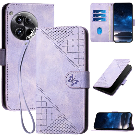 For OnePlus 12 YX0080 Grid Butterfly Embossed Pattern Flip Leather Phone Case with Lanyard(Light Purple) - OnePlus Cases by buy2fix | Online Shopping UK | buy2fix