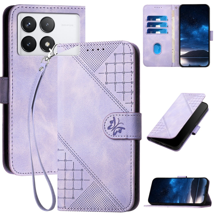 For Redmi K70 YX0080 Grid Butterfly Embossed Pattern Flip Leather Phone Case with Lanyard(Light Purple) - K70 Cases by buy2fix | Online Shopping UK | buy2fix