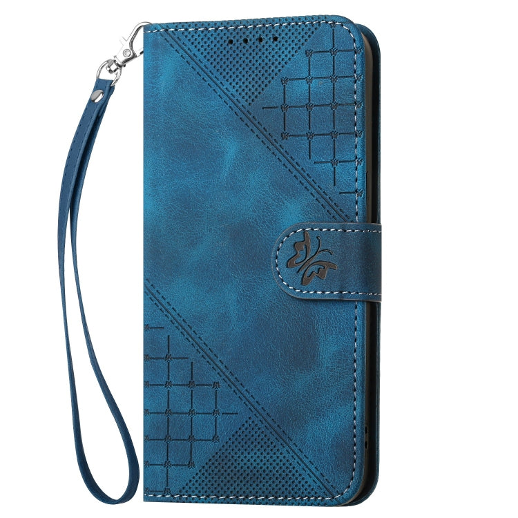 For iPhone 16 Plus YX0080 Grid Butterfly Embossed Pattern Flip Leather Phone Case with Lanyard(Dark Blue) - iPhone 16 Plus Cases by buy2fix | Online Shopping UK | buy2fix