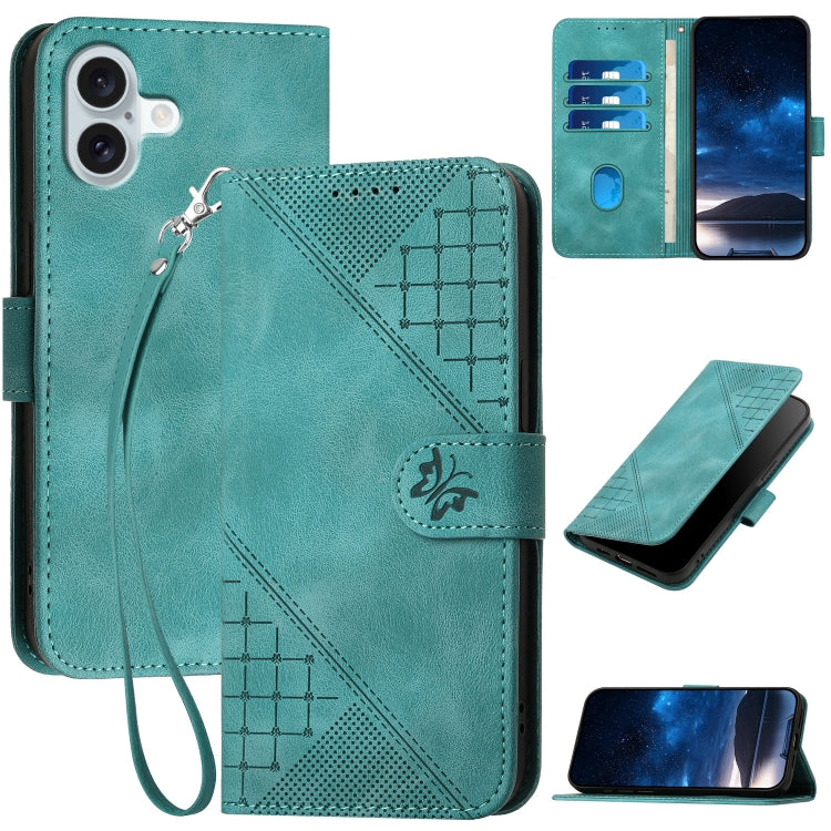 For iPhone 16 Plus YX0080 Grid Butterfly Embossed Pattern Flip Leather Phone Case with Lanyard(Light Blue) - iPhone 16 Plus Cases by buy2fix | Online Shopping UK | buy2fix