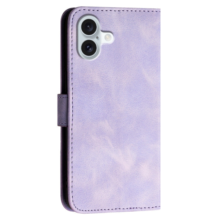 For iPhone 16 Plus YX0080 Grid Butterfly Embossed Pattern Flip Leather Phone Case with Lanyard(Light Purple) - iPhone 16 Plus Cases by buy2fix | Online Shopping UK | buy2fix