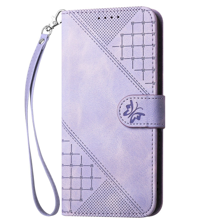 For Motorola Moto G Stylus 5G 2024 YX0080 Grid Butterfly Embossed Pattern Flip Leather Phone Case with Lanyard(Light Purple) - Motorola Cases by buy2fix | Online Shopping UK | buy2fix