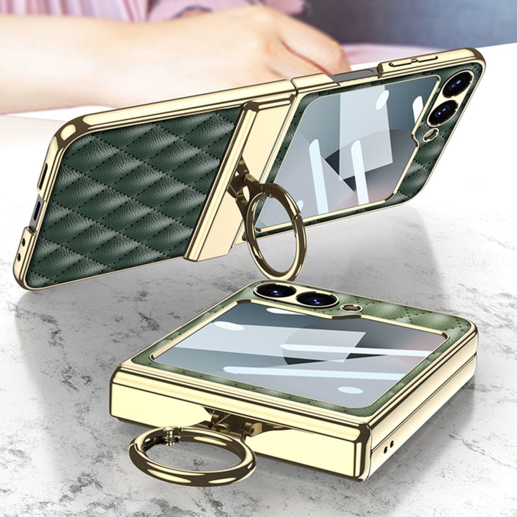 For Samsung Galaxy Z Flip6 GKK Rhombus Pattern Integrated Electroplated Leather Phone Case with Ring(Green) - Galaxy Z Flip6 5G Cases by GKK | Online Shopping UK | buy2fix