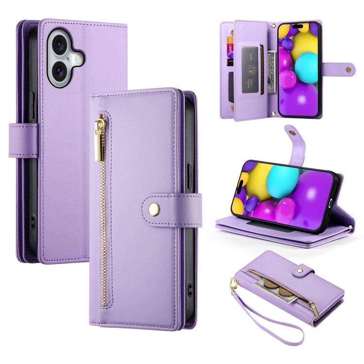 For iPhone 16 Plus Nine Card-slot Zipper Wallet Bag Leather Phone Case(Purple) - iPhone 16 Plus Cases by buy2fix | Online Shopping UK | buy2fix