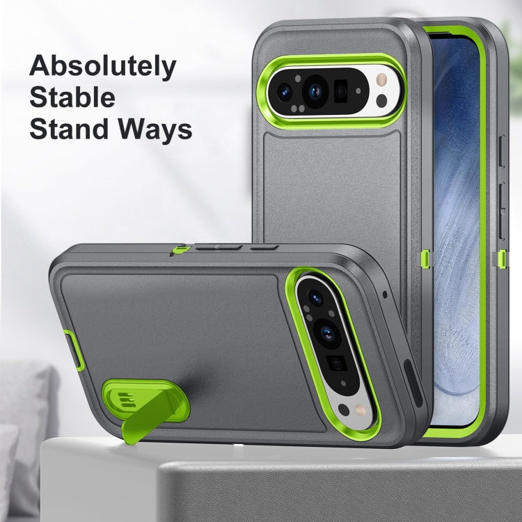 For Google Pixel 9 Rugged PC + Silicone Phone Case with Holder(Grey+Fresh Green) - Google Cases by buy2fix | Online Shopping UK | buy2fix