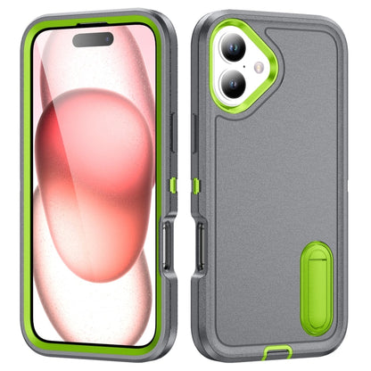 For iPhone 16 Plus Rugged PC + Silicone Phone Case with Holder(Grey+Fresh Green) - iPhone 16 Plus Cases by buy2fix | Online Shopping UK | buy2fix