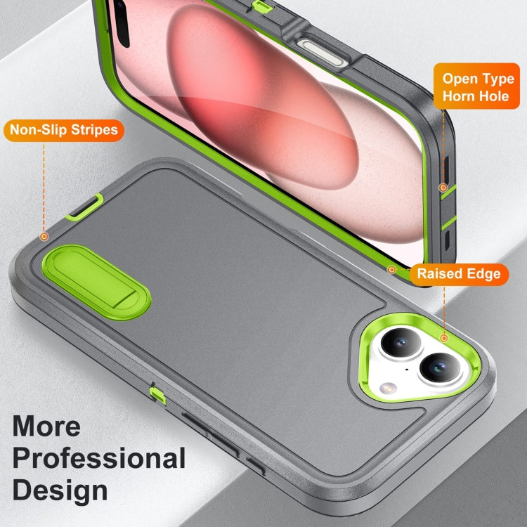 For iPhone 16 Plus Rugged PC + Silicone Phone Case with Holder(Grey+Fresh Green) - iPhone 16 Plus Cases by buy2fix | Online Shopping UK | buy2fix