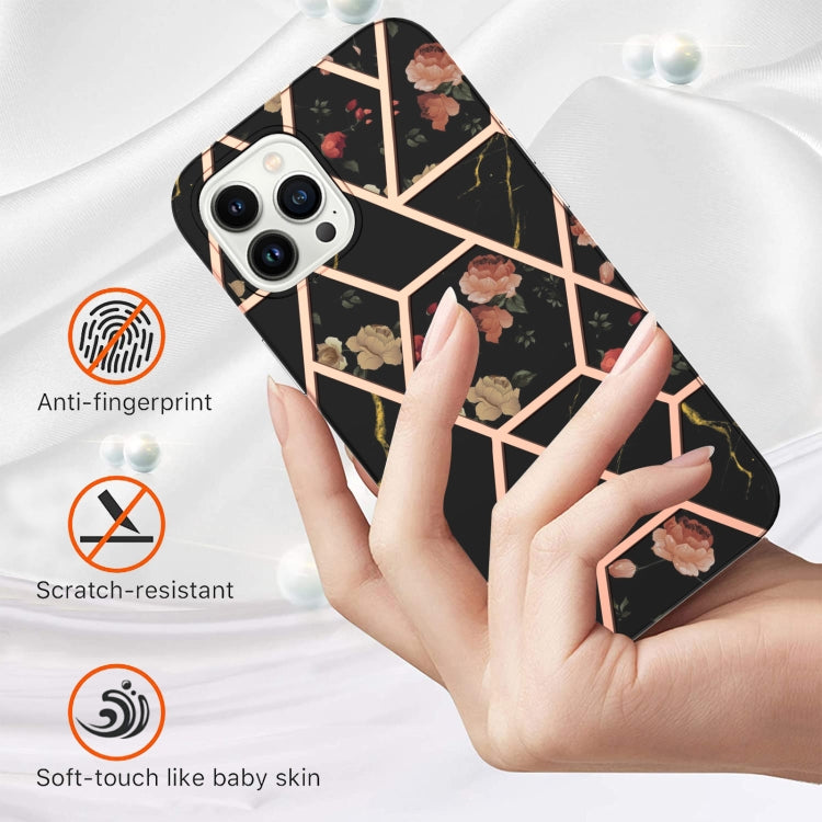 For iPhone 16 Pro Splicing Marble Flower IMD TPU Phone Case(Black Flower) - iPhone 16 Pro Cases by buy2fix | Online Shopping UK | buy2fix