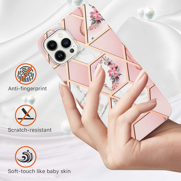 For iPhone 16 Pro Splicing Marble Flower IMD TPU Phone Case(Pink Flower) - iPhone 16 Pro Cases by buy2fix | Online Shopping UK | buy2fix