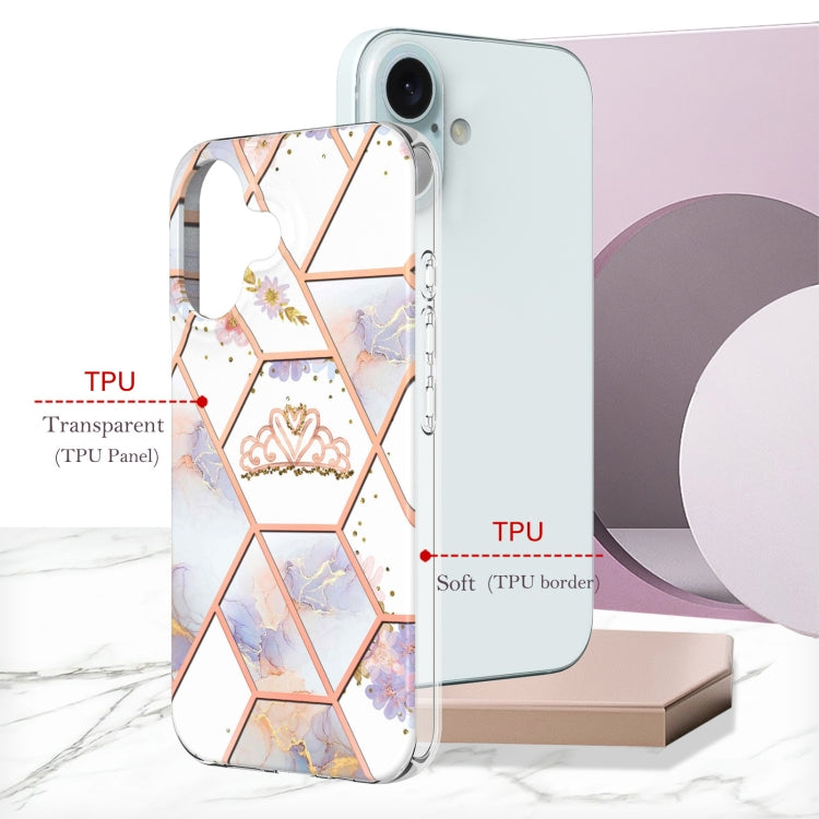 For iPhone 16 Plus Splicing Marble Flower IMD TPU Phone Case(Crown) - iPhone 16 Plus Cases by buy2fix | Online Shopping UK | buy2fix