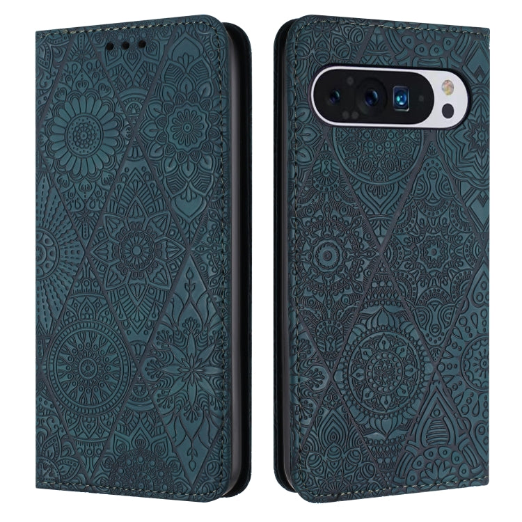 For Google Pixel 9 Pro XL Ethnic Embossed Adsorption Leather Phone Case(Blue) - Google Cases by buy2fix | Online Shopping UK | buy2fix