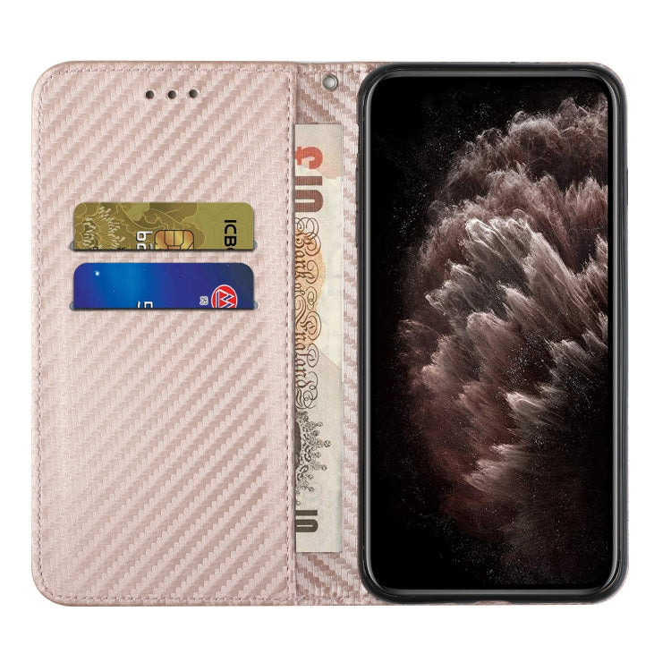 For iPhone 16 Plus Carbon Fiber Texture Magnetic Flip Leather Phone Case(Rose Gold) - iPhone 16 Plus Cases by buy2fix | Online Shopping UK | buy2fix