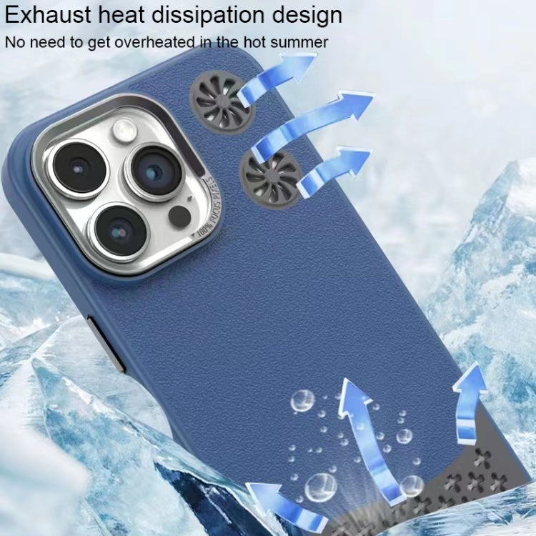 For iPhone 16 Leather Textured Fan Hollow Cooling MagSafe Magnetic Phone Case(Grey) - iPhone 16 Cases by buy2fix | Online Shopping UK | buy2fix