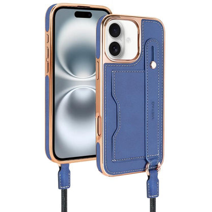 For iPhone 16 Plus VIETAO Card Slot Wristband Phone Case with Lanyard(Blue) - iPhone 16 Plus Cases by VIETAO | Online Shopping UK | buy2fix