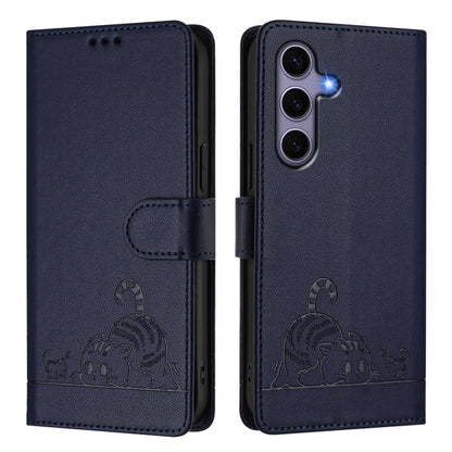 For Samsung Galaxy S25 5G Cat Rat Embossed RFID Leather Phone Case with Lanyard(Blue) - Galaxy S25 5G Cases by buy2fix | Online Shopping UK | buy2fix