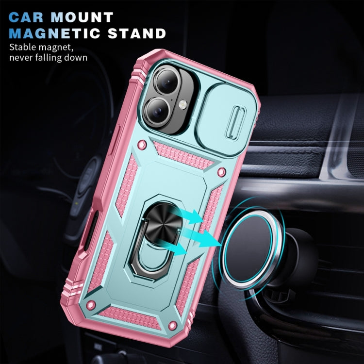 For iPhone 16 Plus Sliding Camshield TPU + PC Phone Case with Holder(Pink+Green) - iPhone 16 Plus Cases by buy2fix | Online Shopping UK | buy2fix