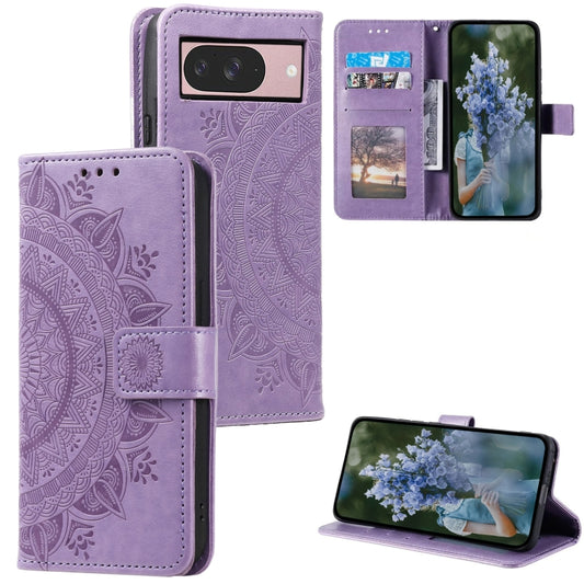 For Google Pixel 9 / 9 Pro Totem Flower Embossed Leather Phone Case with Lanyard(Purple) - Google Cases by buy2fix | Online Shopping UK | buy2fix