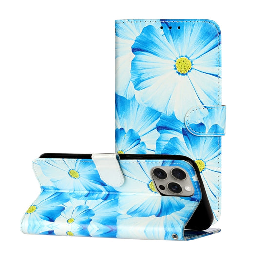 For iPhone 16 Pro Max Colored Drawing Marble Pattern Leather Phone Case(Blue Flower) - iPhone 16 Pro Max Cases by buy2fix | Online Shopping UK | buy2fix