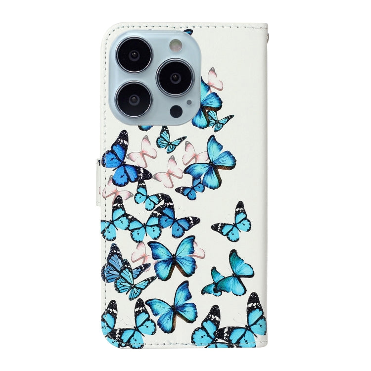 For iPhone 16 Pro Colored Drawing Marble Pattern Leather Phone Case(Little Blue Butterflies) - iPhone 16 Pro Cases by buy2fix | Online Shopping UK | buy2fix