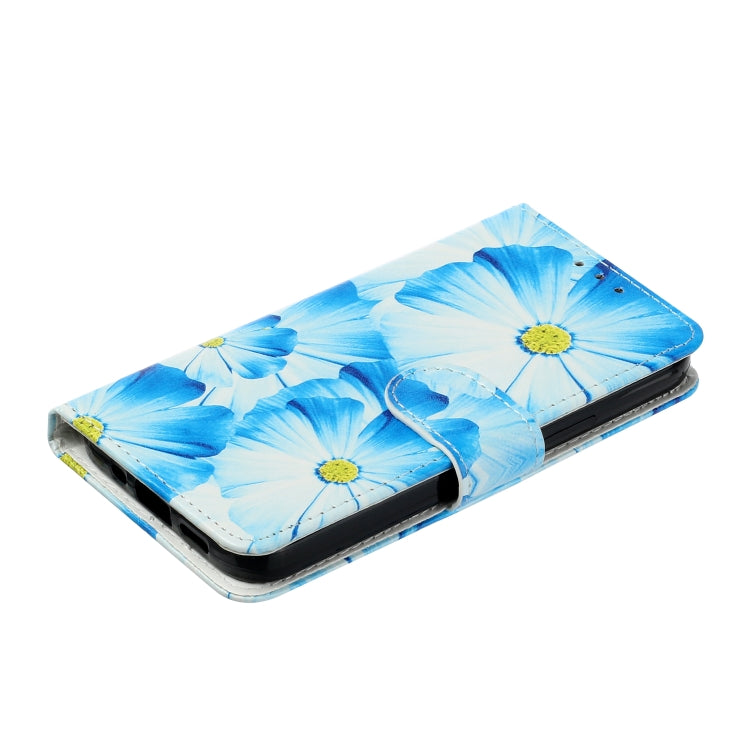 For iPhone 16 Plus Colored Drawing Marble Pattern Leather Phone Case(Blue Flower) - iPhone 16 Plus Cases by buy2fix | Online Shopping UK | buy2fix