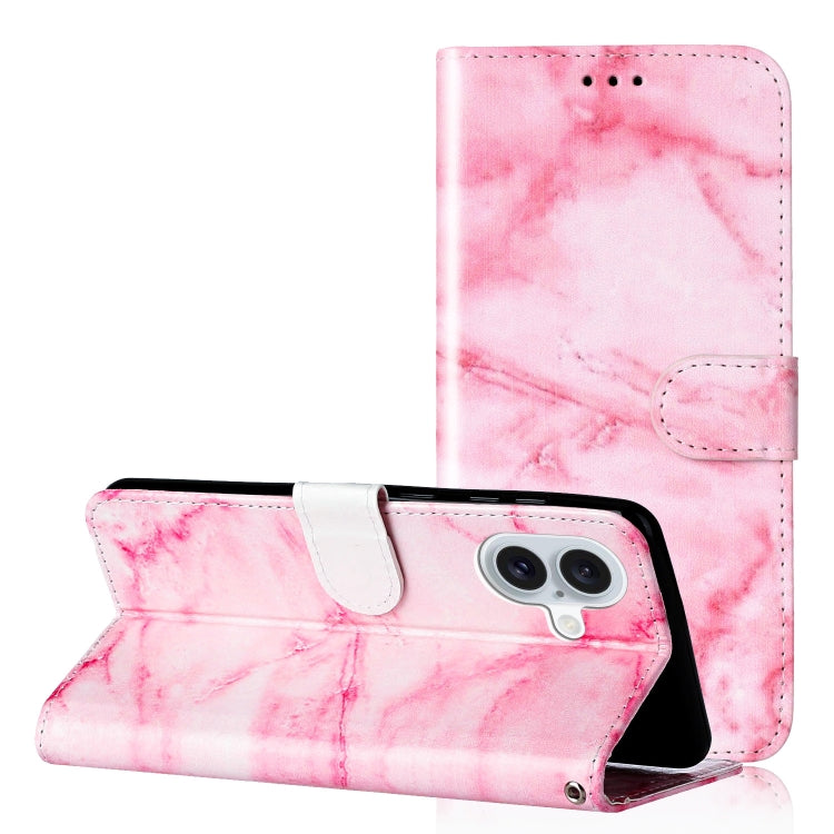 For iPhone 16 Colored Drawing Marble Pattern Leather Phone Case(Pink Marble) - iPhone 16 Cases by buy2fix | Online Shopping UK | buy2fix