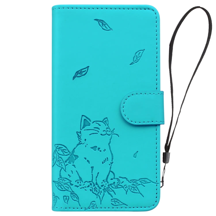 For iPhone 16 Plus Cute Cat Embossed Leather Phone Case(Lake Blue) - iPhone 16 Plus Cases by buy2fix | Online Shopping UK | buy2fix