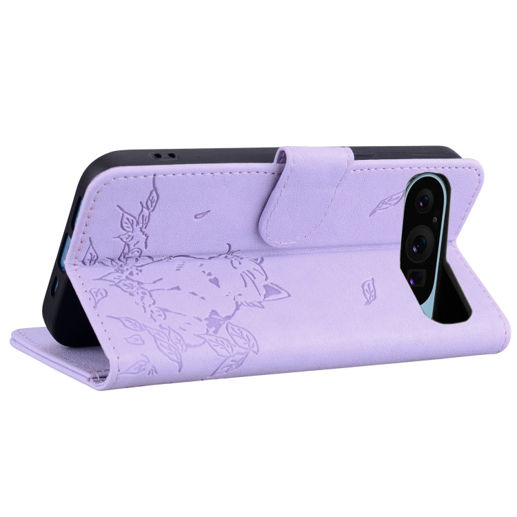 For Google Pixel 9 Pro XL Cute Cat Embossed Leather Phone Case(Purple) - Google Cases by buy2fix | Online Shopping UK | buy2fix