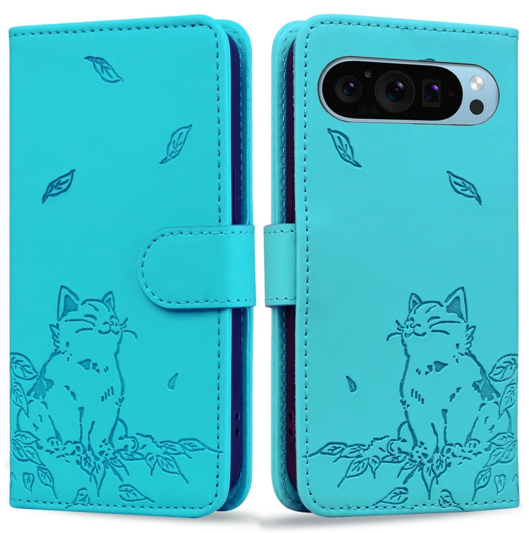 For Google Pixel 9 Pro XL Cute Cat Embossed Leather Phone Case(Lake Blue) - Google Cases by buy2fix | Online Shopping UK | buy2fix