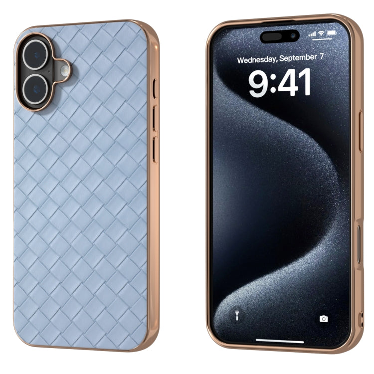 For iPhone 16 Plus Electroplated Frame Woven Texture PU Phone Case(Light Blue) - iPhone 16 Plus Cases by buy2fix | Online Shopping UK | buy2fix