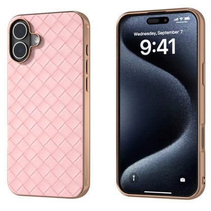 For iPhone 16 Electroplated Frame Woven Texture PU Phone Case(Pink) - iPhone 16 Cases by buy2fix | Online Shopping UK | buy2fix